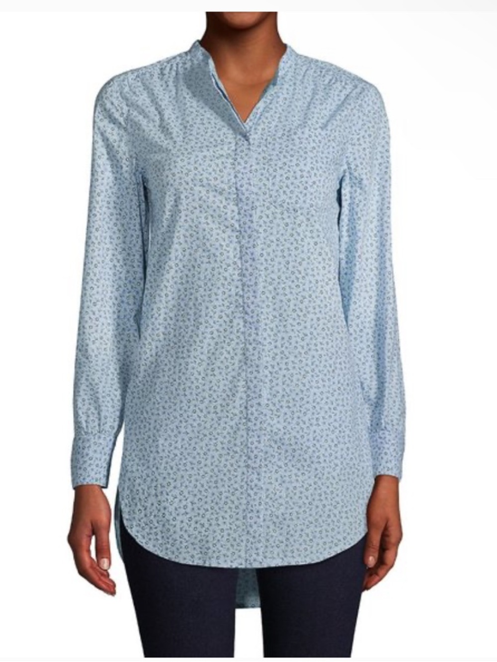 Lands' End Blue Floral Button-Front Blouse